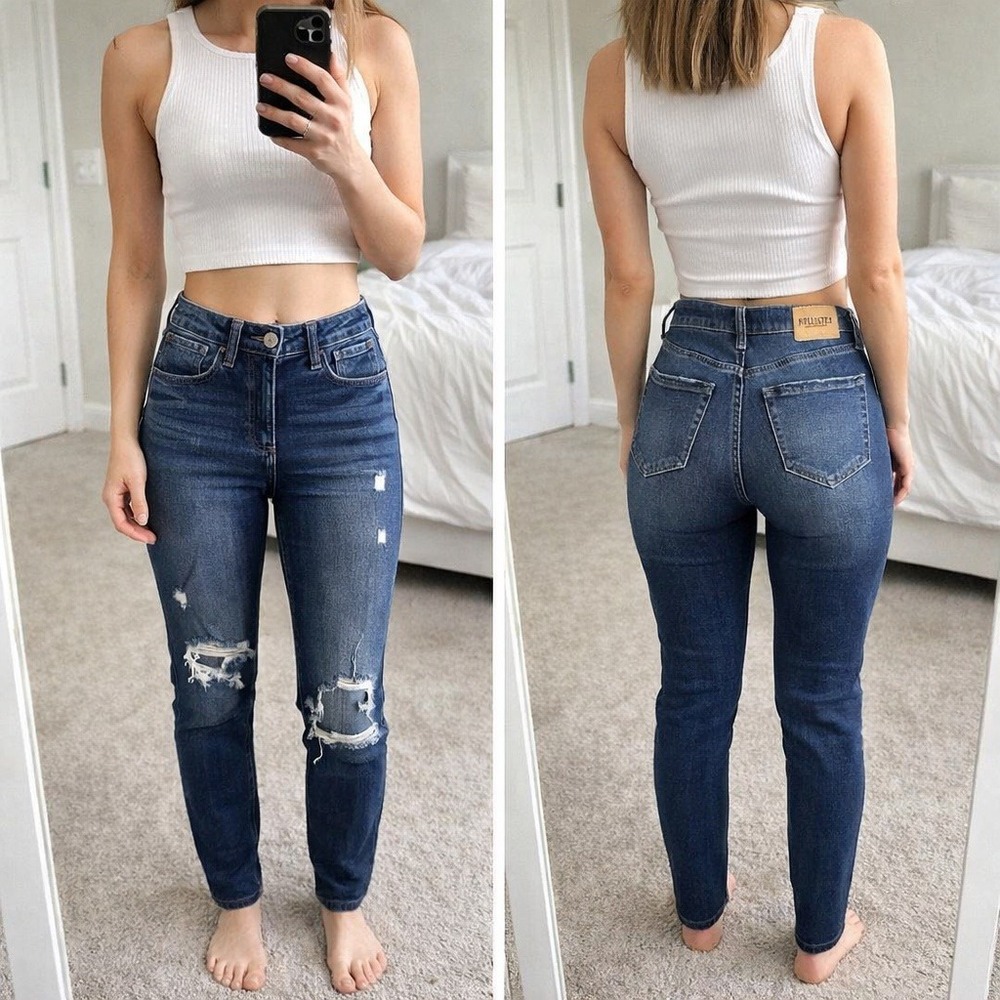 Hollister Curvy High-Rise Mom Jeans Dark Wash Distressed Ripped 0R W24 L27